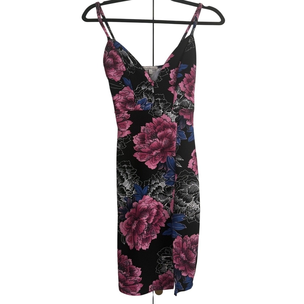 Charlotte Russe Womens Floral Bodycon Midi Dress V-Neck Side Slit Black Pink XS